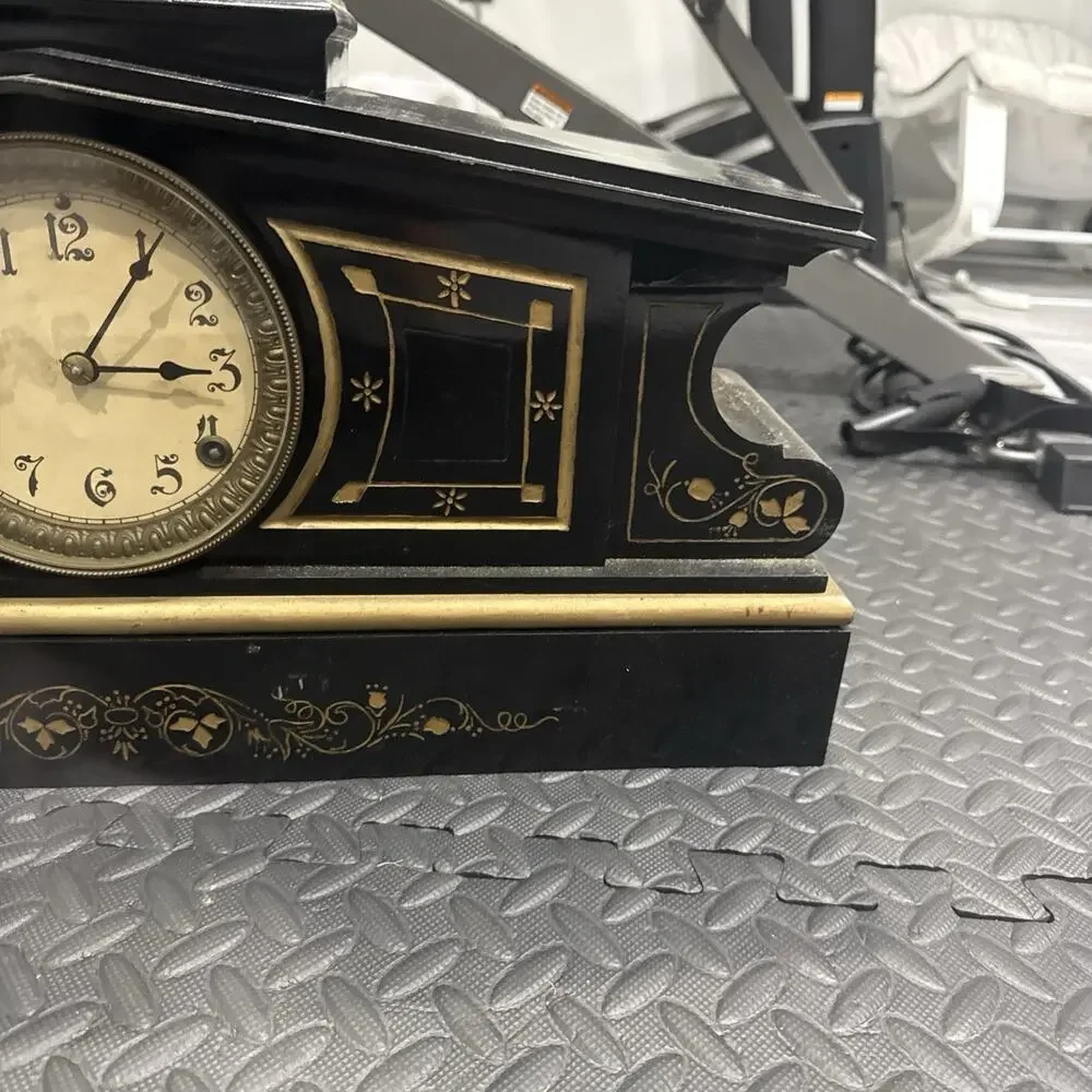 Antique Enameled Wood Mantle Clock With Gold Stenciled Floral Motif *
